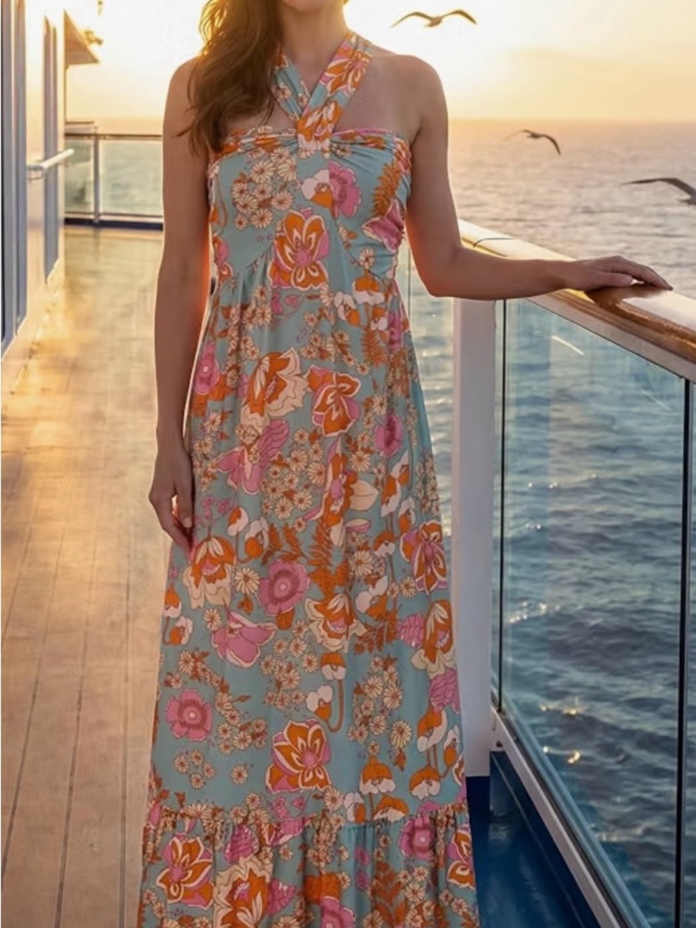 Grace Karin Aqua Halter Maxi Dress with Pink & Orange Floral Print